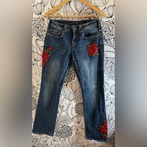 Embroidered Blue Jeans with Red Floral Design
